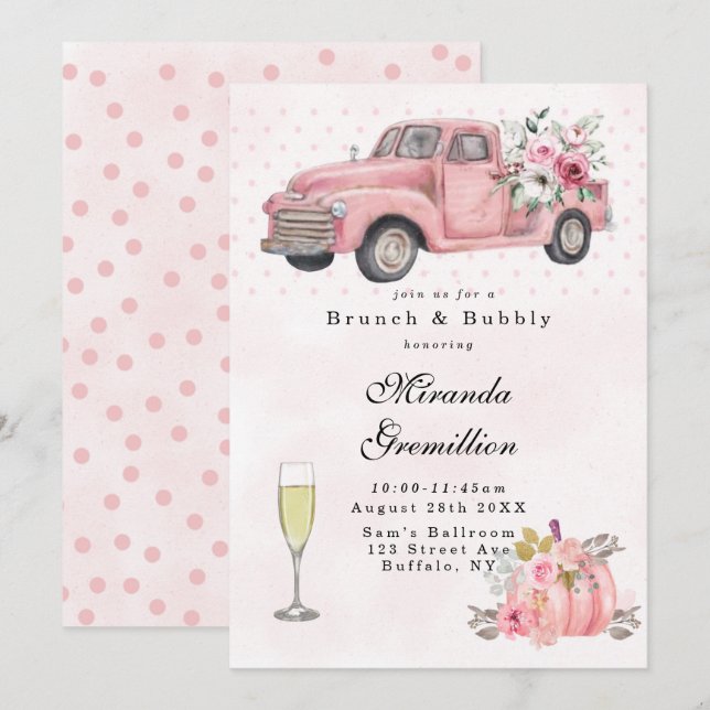 Invitación Brunch de camiones de cosecha rosa (Anverso / Reverso)