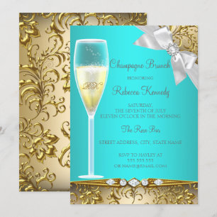 Invitación Brunch de champán azul teal dorado blanco elegante