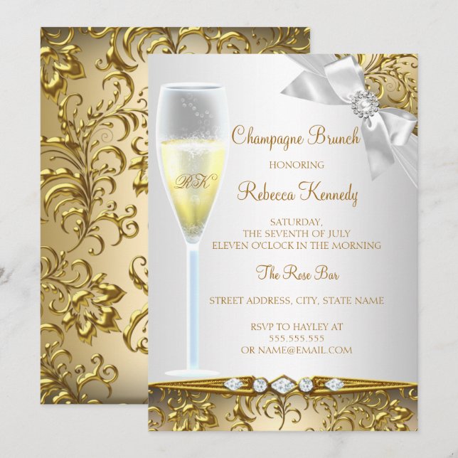 Invitación Brunch de champán blanco plateado dorado elegante (Anverso / Reverso)