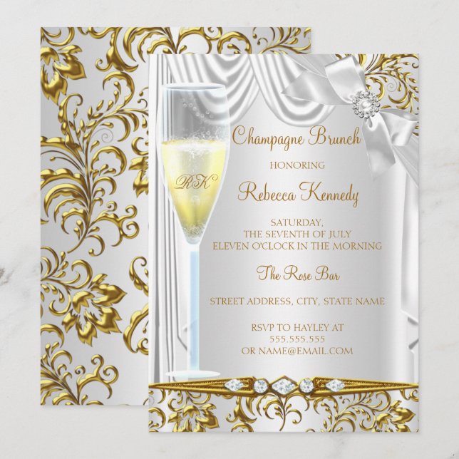 Invitación Brunch de champán de seda blanca plateada dorada e (Anverso / Reverso)