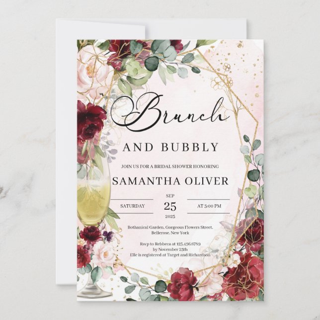 Invitación Brunch de champán floral y florido de Borgoña (Anverso)