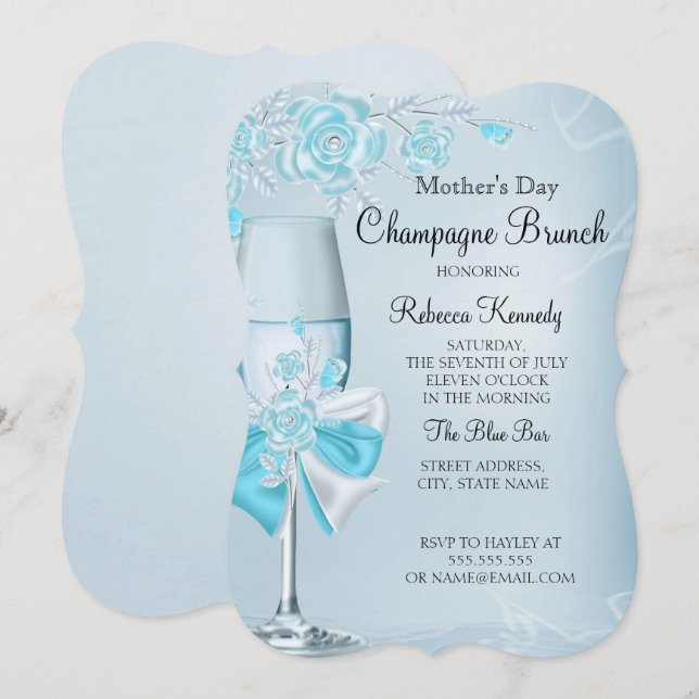 Invitación Brunch de Champán Rosa Azul Turquesa Bonito del Dí (Anverso / Reverso)