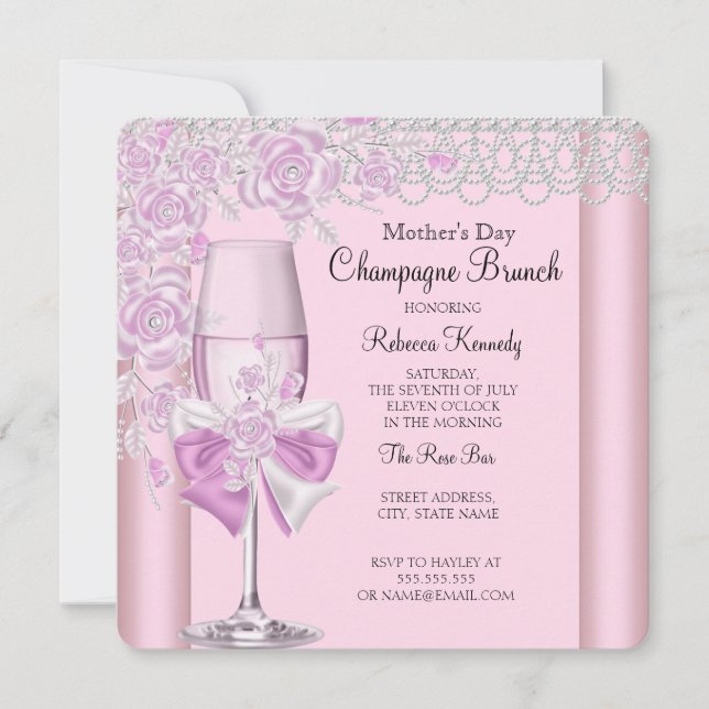 Invitación Brunch de Champán Rosa Bonito Día de la Madre 2D (Anverso)