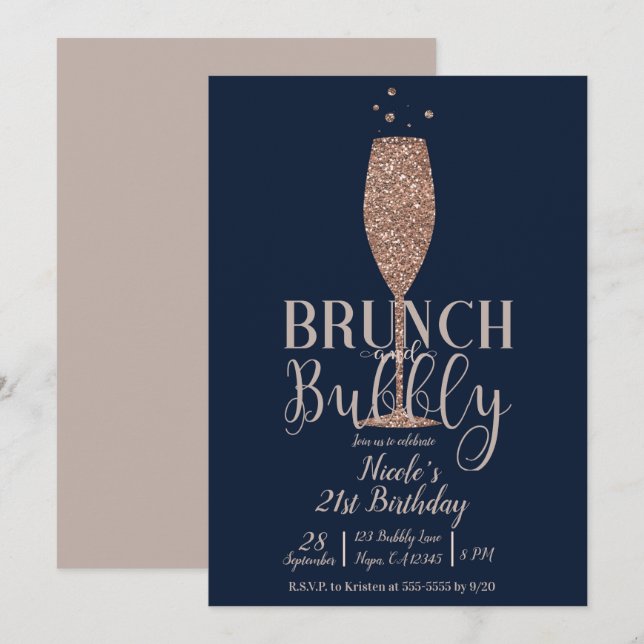Invitación Brunch de Champán Rosa Dorado Burbujas Cumpleaños  (Anverso / Reverso)
