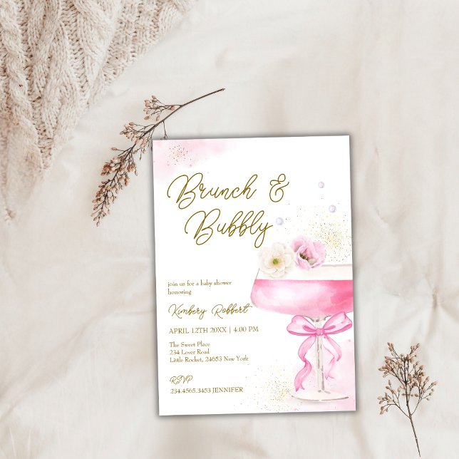 Invitación Brunch de champán rosa Floral Bubbly Baby Shower (Pink Floral Champagne Brunch Bubbly Baby Shower Invitation)