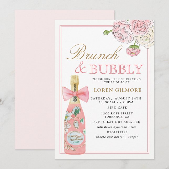 Invitación Brunch de champán Rubor Gold Floral y burbujeante (Anverso / Reverso)