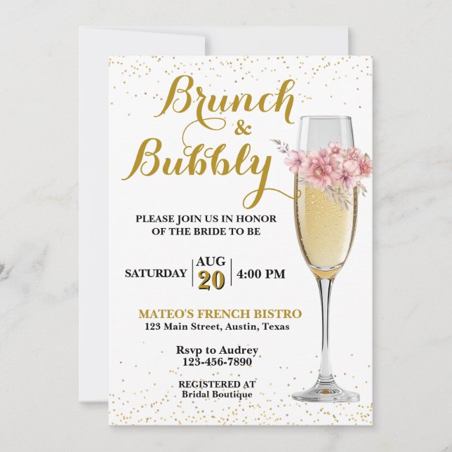 Invitación Brunch de champán y ducha de novias de burbujas (Anverso)