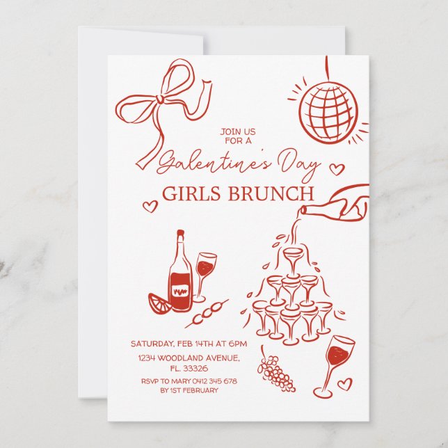 Invitación Brunch de Chicas del Día de la Galentina Roja dibu (Anverso)