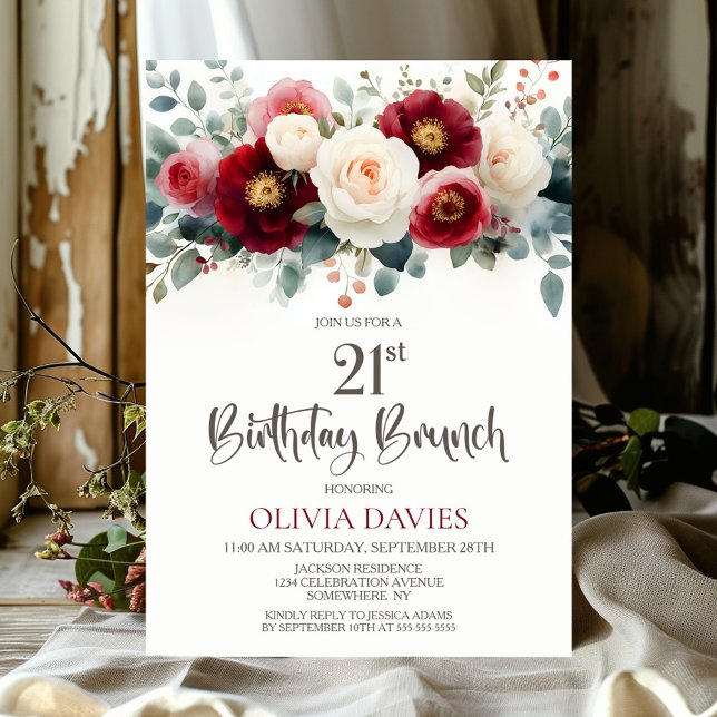 Invitación Brunch de cumpleaños 21 de Borgoña y Floral Blanca (Subido por el creador)