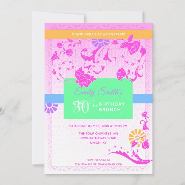 Invitación Brunch de cumpleaños 30 de Pink Trendy Peony (Anverso)