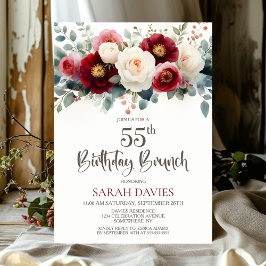 Invitación Brunch de cumpleaños 55 de Borgoña y Floral Blanca