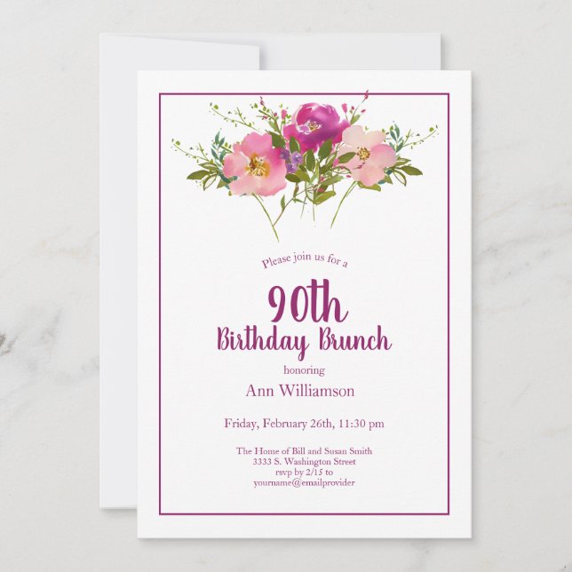 Invitación Brunch de cumpleaños 90º Floral de pink magenta (Anverso)