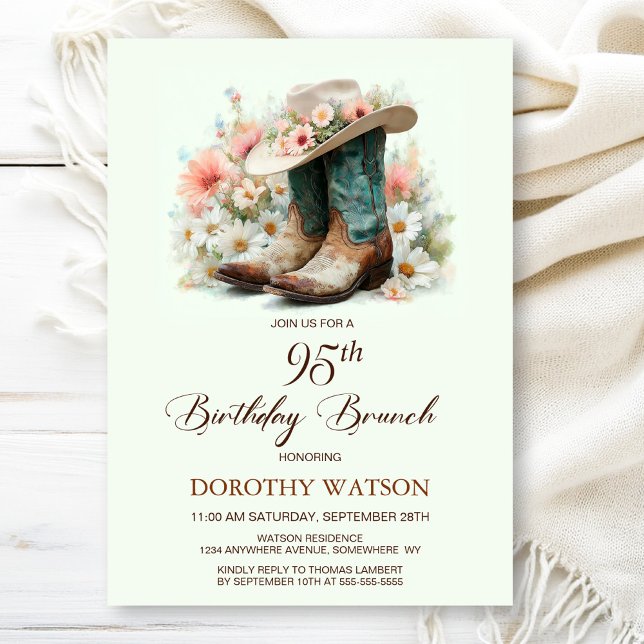 Invitación Brunch de cumpleaños 95th Birthday Cowgirl Boots (Subido por el creador)