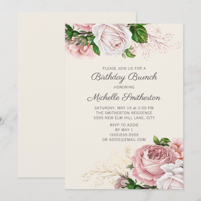 Invitación Brunch de cumpleaños blanco para Rosas florales ro (Anverso / Reverso)