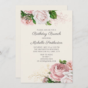 Invitación Brunch de cumpleaños blanco para Rosas florales ro