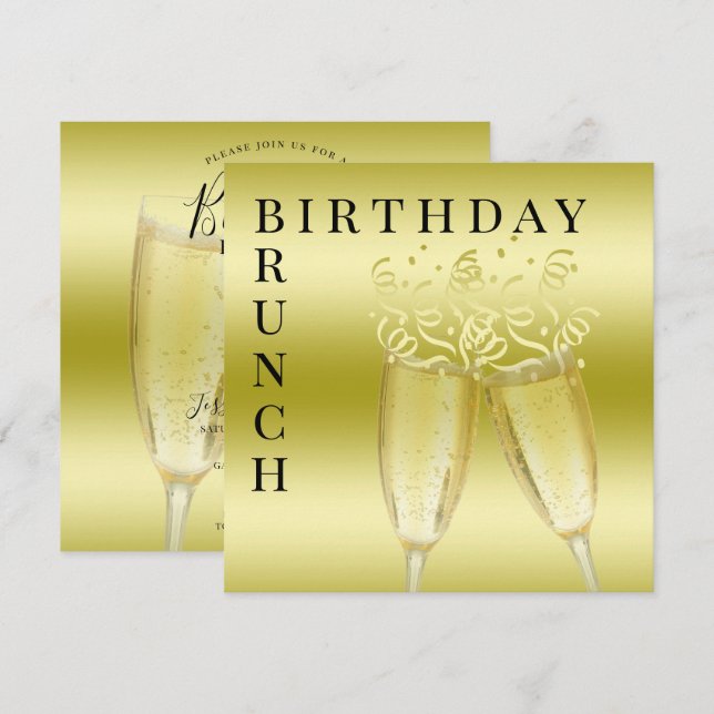 Invitación Brunch de cumpleaños Champagne y Streamers (Anverso / Reverso)