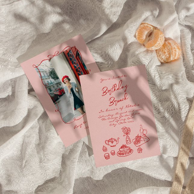 Invitación Brunch de cumpleaños con foto rápida y rosa dibuja (Subido por el creador)