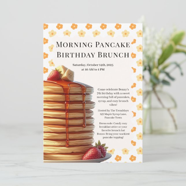 Invitación Brunch de Cumpleaños con Panqueques Mañaneros | Fi (Anverso de pie)