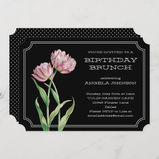 Invitación Brunch de cumpleaños con tulipanes pintados y punt (Anverso / Reverso)