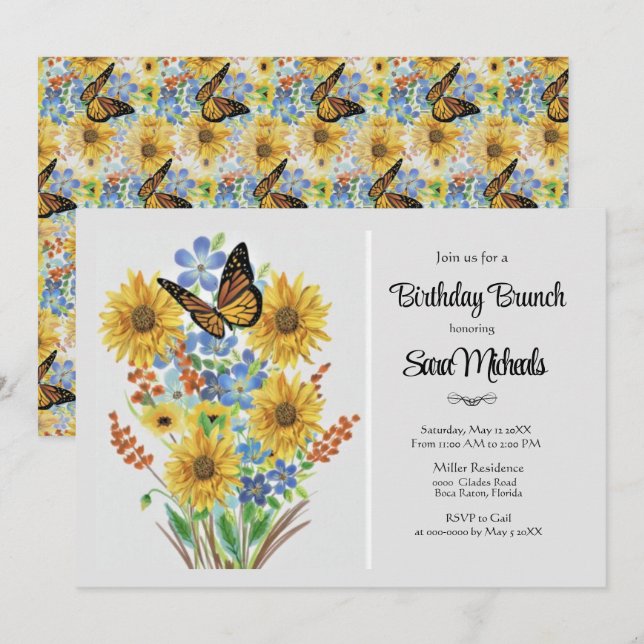 Invitación Brunch de cumpleaños de bonito Flower Bouquet (Anverso / Reverso)