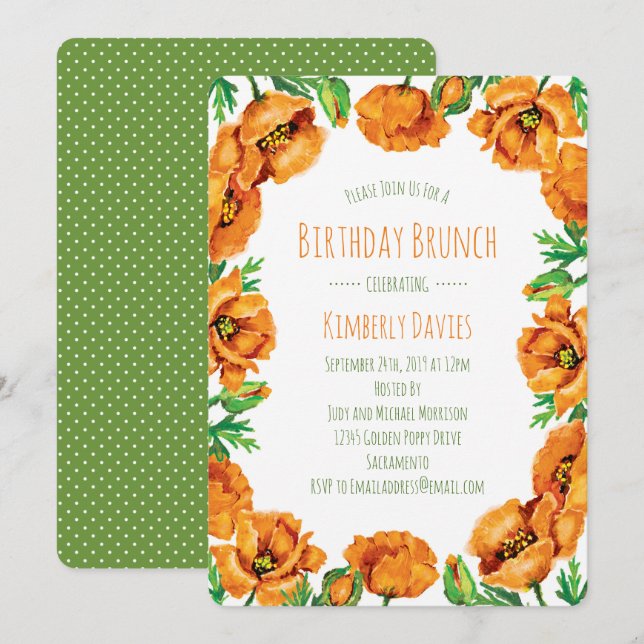 Invitación Brunch de cumpleaños de punto de Naranja (Anverso / Reverso)