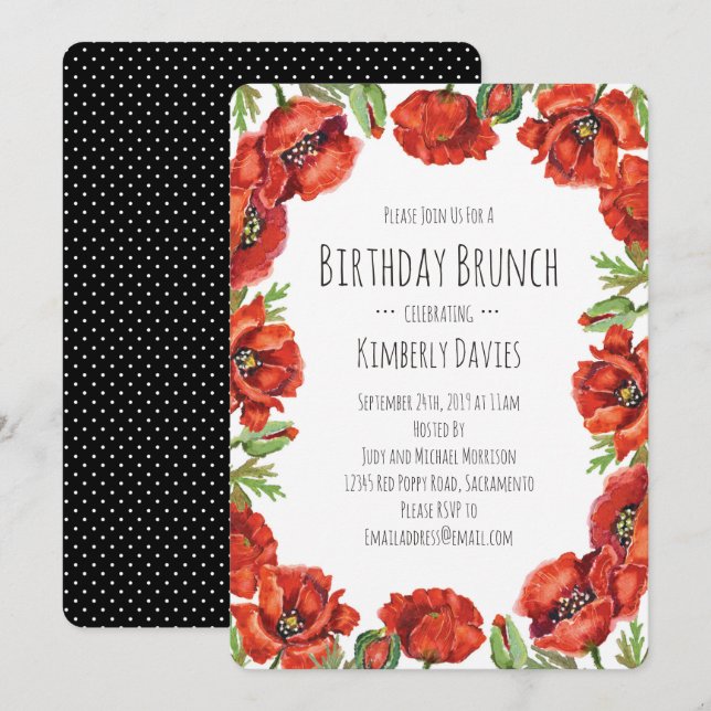 Invitación Brunch de cumpleaños de Punto Polka Rojo (Anverso / Reverso)