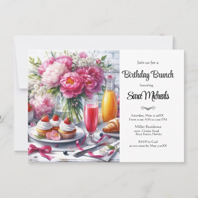 Invitación Brunch de Cumpleaños Floral de Peonía Elegante (Anverso)