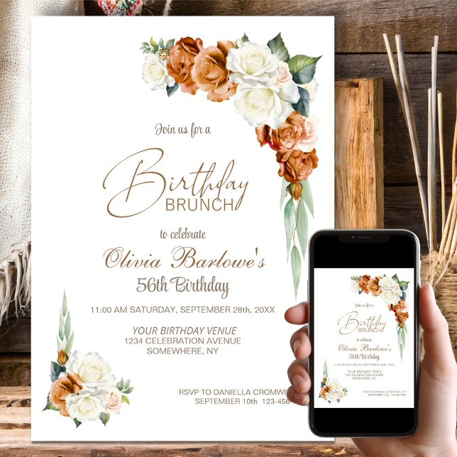 Invitación Brunch de cumpleaños floral de rosa blanca Naranja (Subido por el creador)