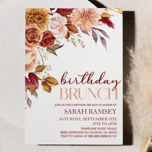 Invitación Brunch de cumpleaños floral del Naranja de Borgoña (Subido por el creador)