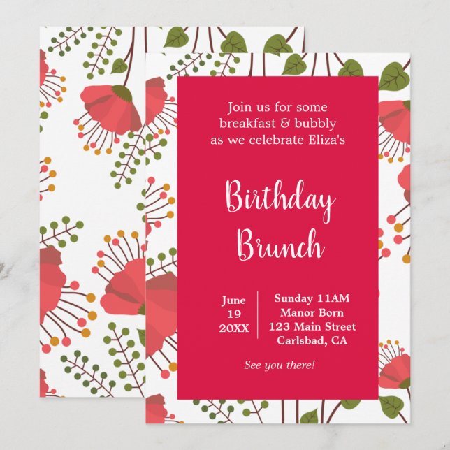 Invitación Brunch de cumpleaños floral Primavera Rojo Poppies (Anverso / Reverso)