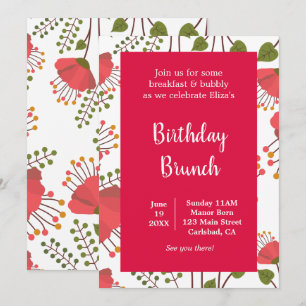 Invitación Brunch de cumpleaños floral Primavera Rojo Poppies