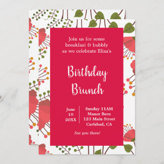 Invitación Brunch de cumpleaños floral Primavera Rojo Poppies