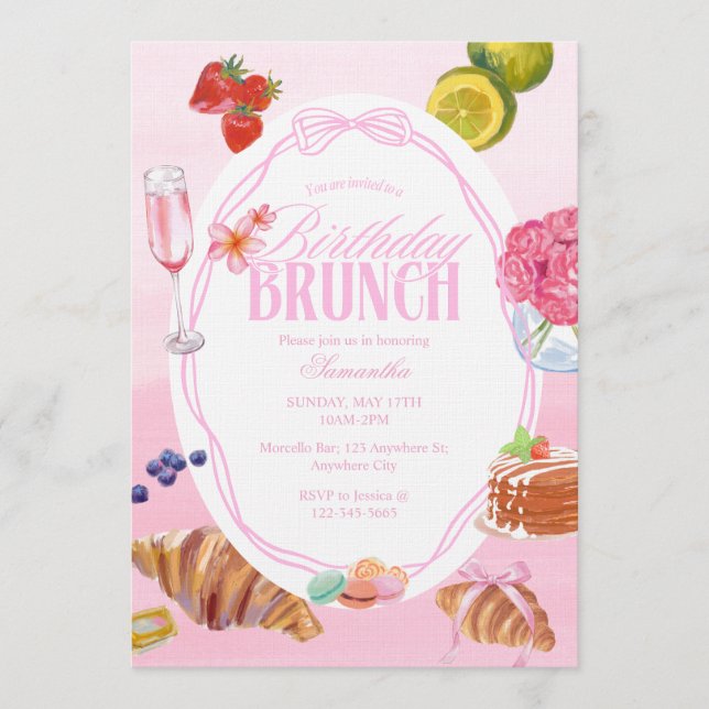 Invitación Brunch de cumpleaños rosa Croissant (Anverso)