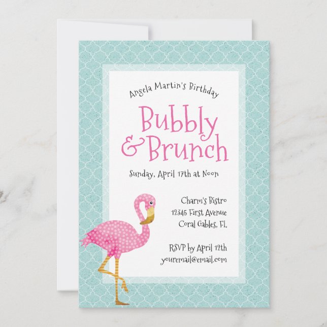 Invitación Brunch De Cumpleaños Rosado Flamingo Bubbly (Anverso)