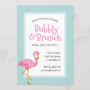 Invitación Brunch De Cumpleaños Rosado Flamingo Bubbly