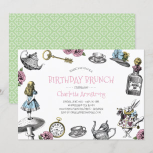Invitación Brunch de cumpleaños verde y rosado de Wonderland
