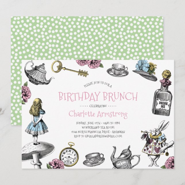 Invitación Brunch de cumpleaños verde y rosado de Wonderland (Anverso / Reverso)