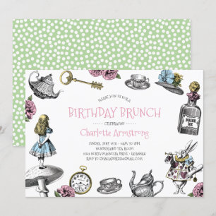 Invitación Brunch de cumpleaños verde y rosado de Wonderland