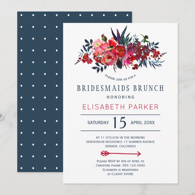 Invitación Brunch de damas de novias florales de la marina ro (Anverso / Reverso)