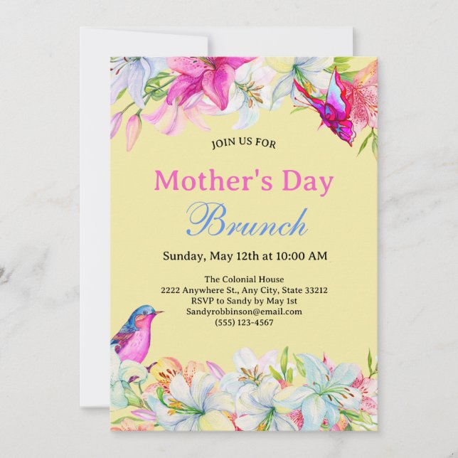 Invitación Brunch de Día de la Madre con una suave acuarela f (Anverso)
