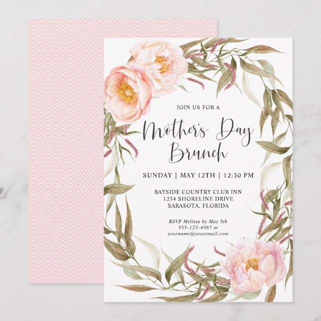 Invitación Brunch de Día de la Madre de flores de guirnaldas  (Anverso / Reverso)