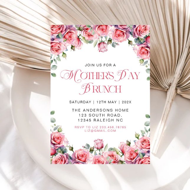 Invitación Brunch de Día de la Madre floral de rosas rosadas  (Subido por el creador)
