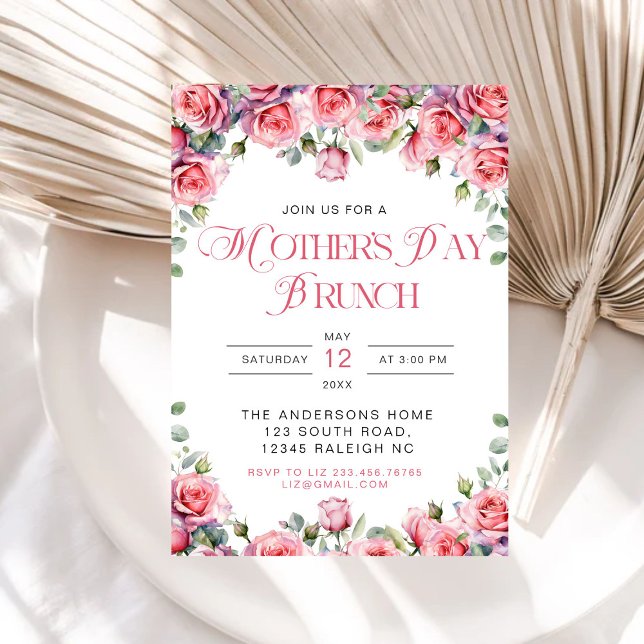 Invitación Brunch de Día de la Madre floral de rosas rosadas  (Subido por el creador)