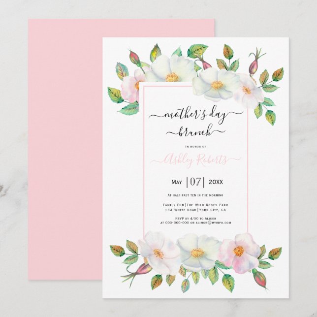 Invitación Brunch de Día de la Madre floral rosa rosa silvest (Anverso / Reverso)