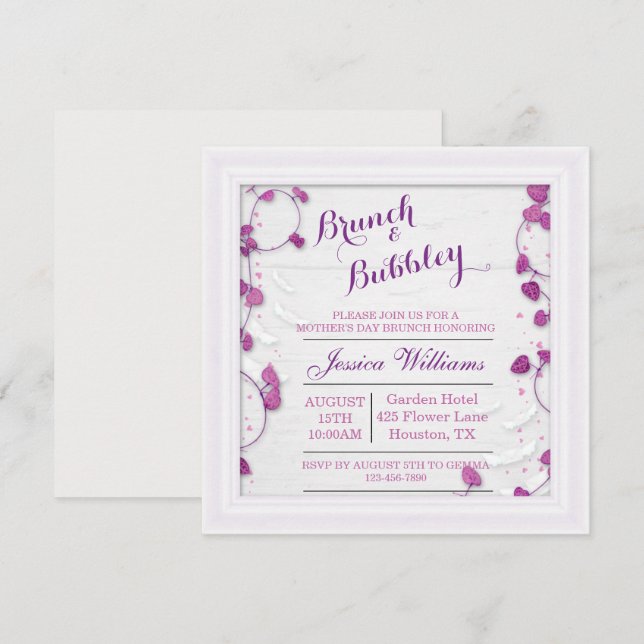 Invitación Brunch de Día de la Madre morado y burbujeante (Anverso / Reverso)