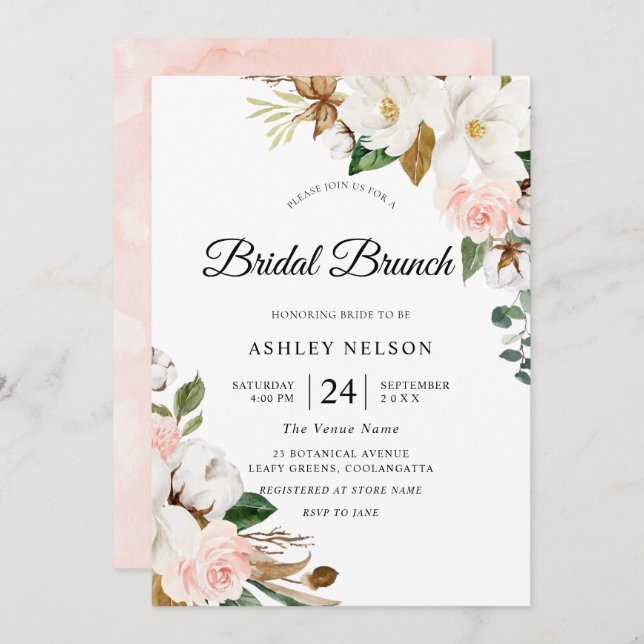 Invitación Brunch de ducha con flores blancas y Rubor (Anverso / Reverso)