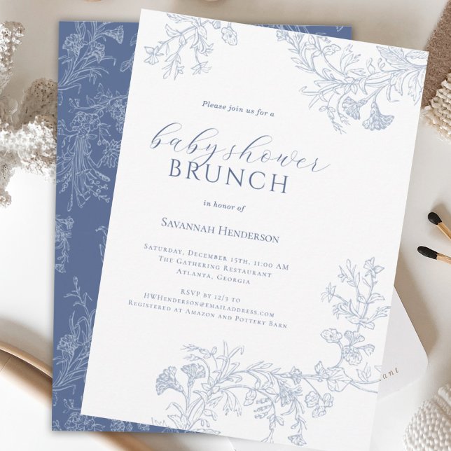 Invitación Brunch De Ducha De Bebé Floral De Línea Azul Chic (Subido por el creador)