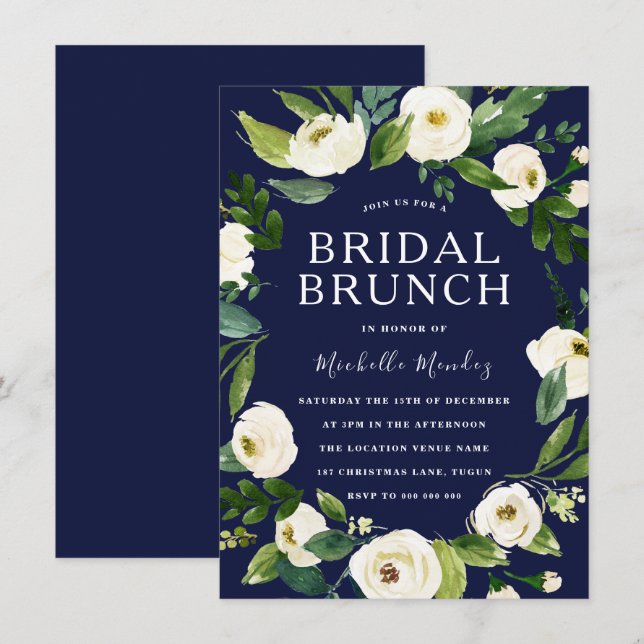 Invitación Brunch de ducha de novia con flores blancas y mari (Anverso / Reverso)