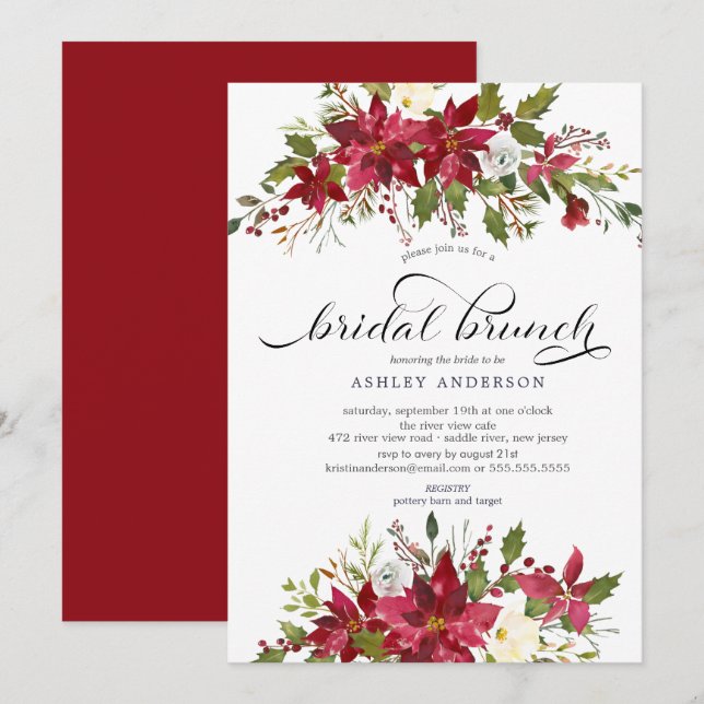 Invitación Brunch de ducha de novia de Red Poinsettia Holly (Anverso / Reverso)