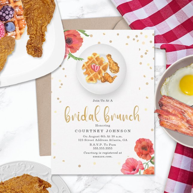 Invitación Brunch de ducha de novia floral de pollo y gofres (Subido por el creador)